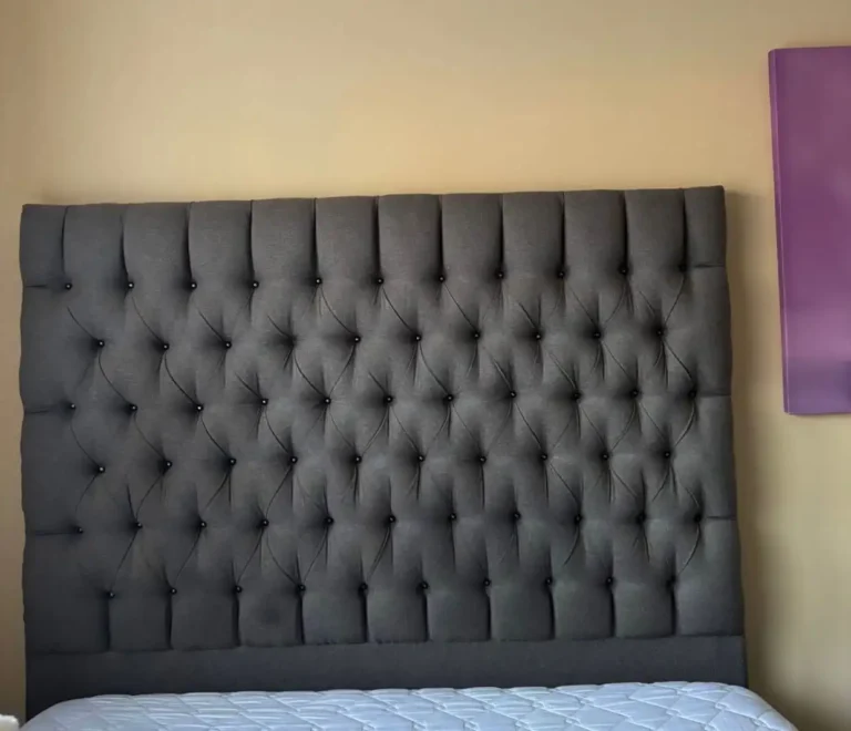 Grey upholstered double bed headboard made in Cape Town